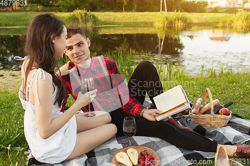 Image of Caucasian young and happy couple enjoying a picnic in the park on summer day