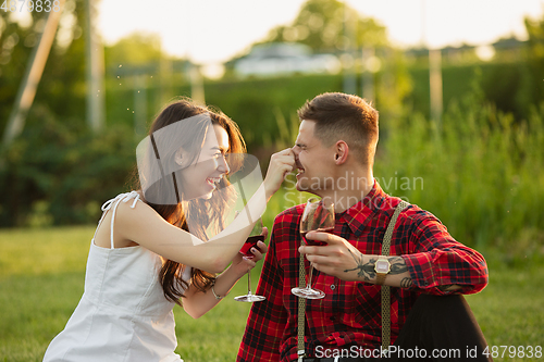 Image of Caucasian young and happy couple enjoying a picnic in the park on summer day