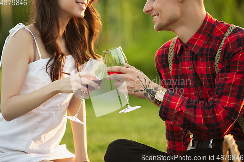 Image of Caucasian young and happy couple enjoying a picnic in the park on summer day