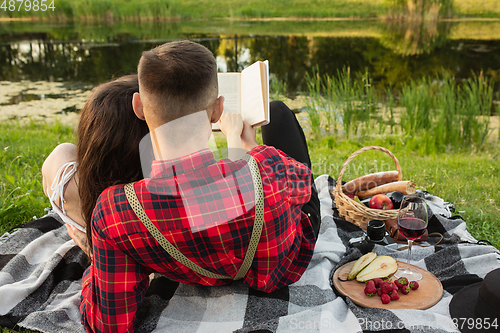 Image of Caucasian young and happy couple enjoying a picnic in the park on summer day