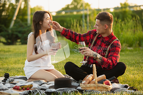 Image of Caucasian young and happy couple enjoying a picnic in the park on summer day