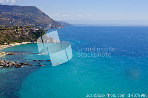 Image of Amazing tropical panoramic view of turquoise gulf bay, sandy bea
