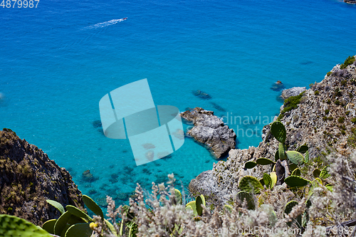 Image of Rock stone coast. Scenic view of tipycal rocky coastline. Thyrre