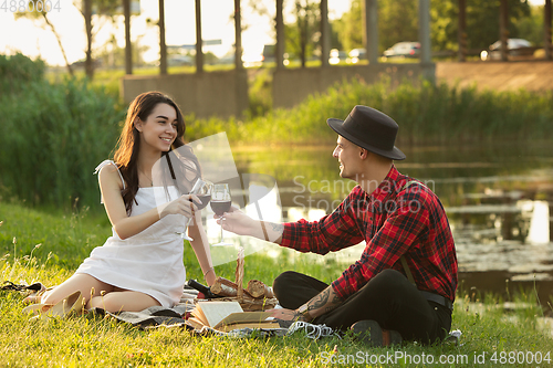 Image of Caucasian young and happy couple enjoying a picnic in the park on summer day