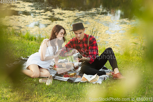 Image of Caucasian young and happy couple enjoying a picnic in the park on summer day