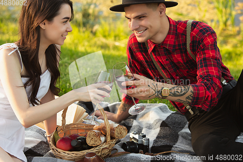 Image of Caucasian young and happy couple enjoying a picnic in the park on summer day