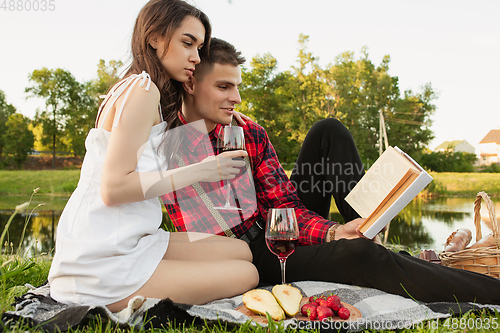 Image of Caucasian young and happy couple enjoying a picnic in the park on summer day