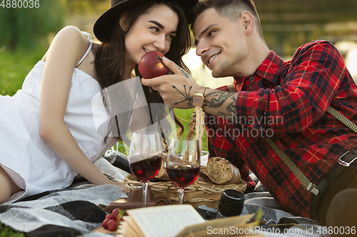 Image of Caucasian young and happy couple enjoying a picnic in the park on summer day