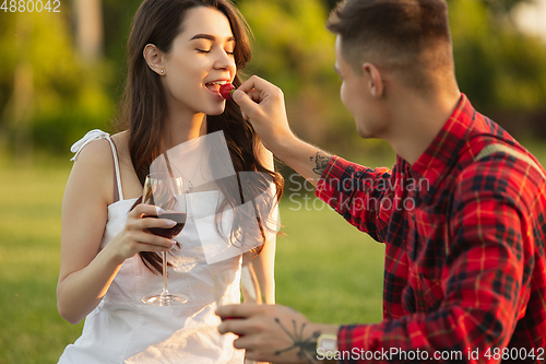 Image of Caucasian young and happy couple enjoying a picnic in the park on summer day