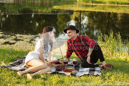 Image of Caucasian young and happy couple enjoying a picnic in the park on summer day