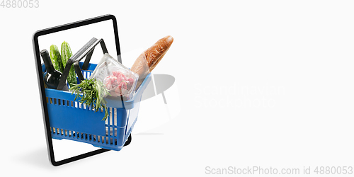 Image of Home delivery, food purchase via the Internet. Your smartphone or other gadget - all you need for food arriving to any address