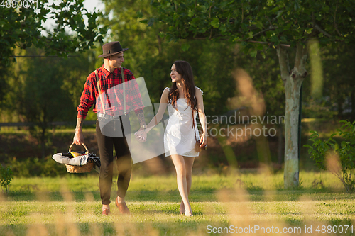 Image of Caucasian young and happy couple enjoying a picnic in the park on summer day