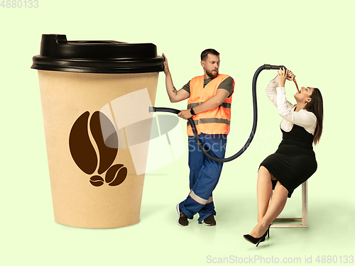 Image of Gas up yourself, filling up with coffee to wake up. Creative artwork.