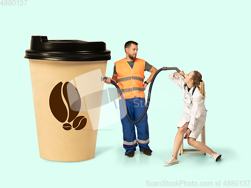 Image of Gas up yourself, filling up with coffee to wake up. Creative artwork.