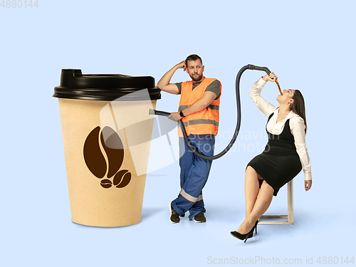 Image of Gas up yourself, filling up with coffee to wake up. Creative artwork.