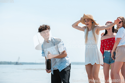 Image of Seasonal feast at beach resort. Group of friends celebrating, resting, having fun on the beach in sunny summer day