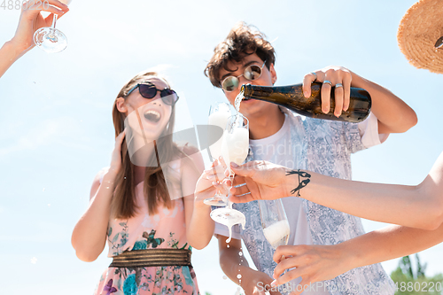 Image of Seasonal feast at beach resort. Group of friends celebrating, resting, having fun on the beach in sunny summer day