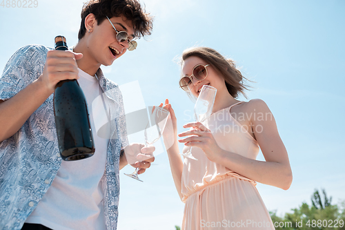 Image of Seasonal feast at beach resort. Happy couple or friends celebrating, resting, having fun on the beach in sunny summer day