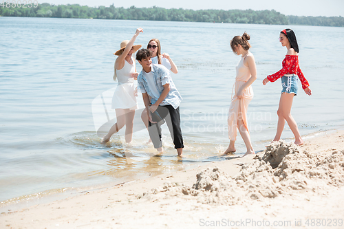 Image of Seasonal feast at beach resort. Group of friends celebrating, resting, having fun on the beach in sunny summer day