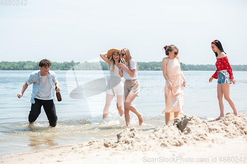 Image of Seasonal feast at beach resort. Group of friends celebrating, resting, having fun on the beach in sunny summer day