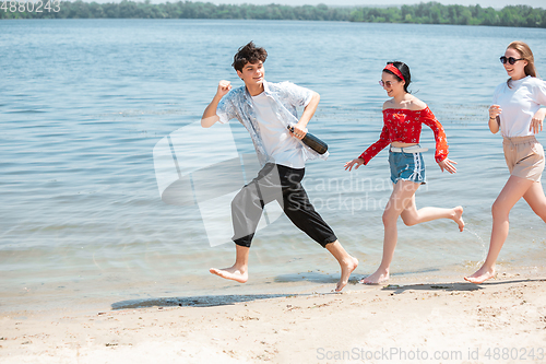 Image of Seasonal feast at beach resort. Group of friends celebrating, resting, having fun on the beach in sunny summer day