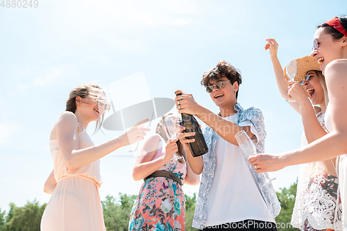 Image of Seasonal feast at beach resort. Group of friends celebrating, resting, having fun on the beach in sunny summer day