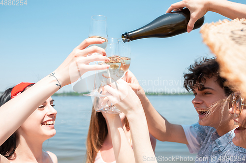 Image of Seasonal feast at beach resort. Group of friends celebrating, resting, having fun on the beach in sunny summer day