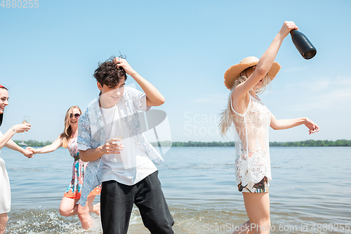 Image of Seasonal feast at beach resort. Group of friends celebrating, resting, having fun on the beach in sunny summer day