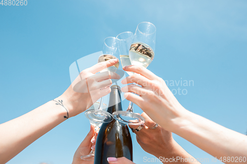 Image of Seasonal feast at beach resort. Close up hands of friends celebrating, resting, having fun, clinking glasses on sky background
