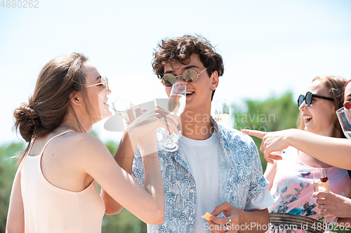 Image of Seasonal feast at beach resort. Group of friends celebrating, resting, having fun on the beach in sunny summer day