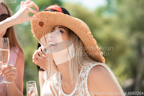 Image of Seasonal feast at beach resort. Group of friends celebrating, resting, having fun on the beach in sunny summer day