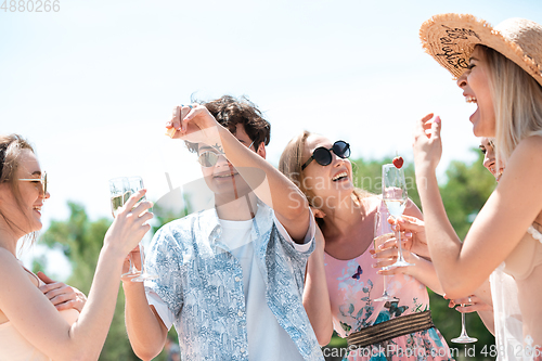 Image of Seasonal feast at beach resort. Group of friends celebrating, resting, having fun on the beach in sunny summer day