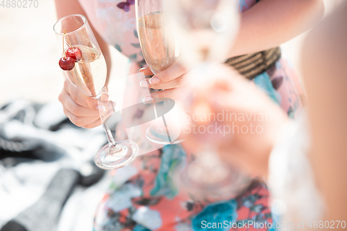 Image of Seasonal feast at beach resort. Group of friends celebrating, resting, having fun on the beach in sunny summer day