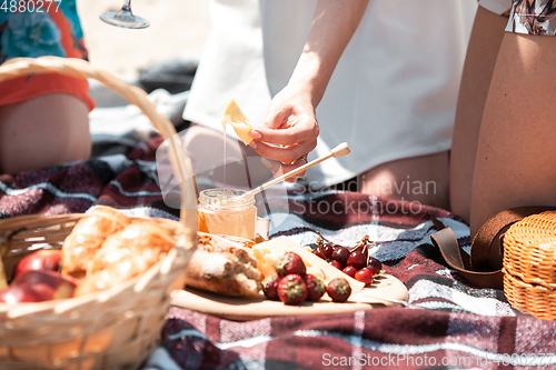 Image of Picnic bread, croissant basket with fruit on cloth with bright sunlight