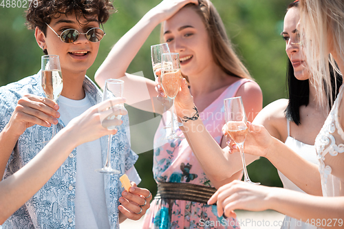 Image of Seasonal feast at beach resort. Group of friends celebrating, resting, having fun on the beach in sunny summer day