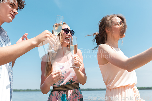 Image of Seasonal feast at beach resort. Group of friends celebrating, resting, having fun on the beach in sunny summer day