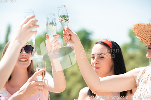 Image of Seasonal feast at beach resort. Group of friends celebrating, resting, having fun on the beach in sunny summer day