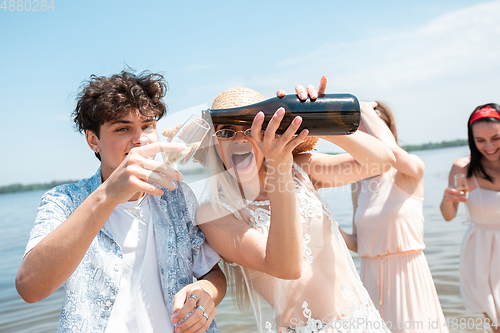 Image of Seasonal feast at beach resort. Group of friends celebrating, resting, having fun on the beach in sunny summer day