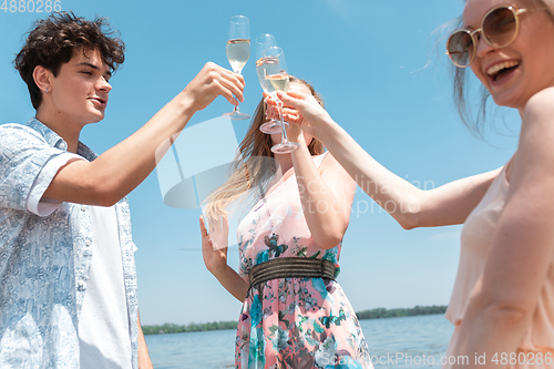 Image of Seasonal feast at beach resort. Group of friends celebrating, resting, having fun on the beach in sunny summer day