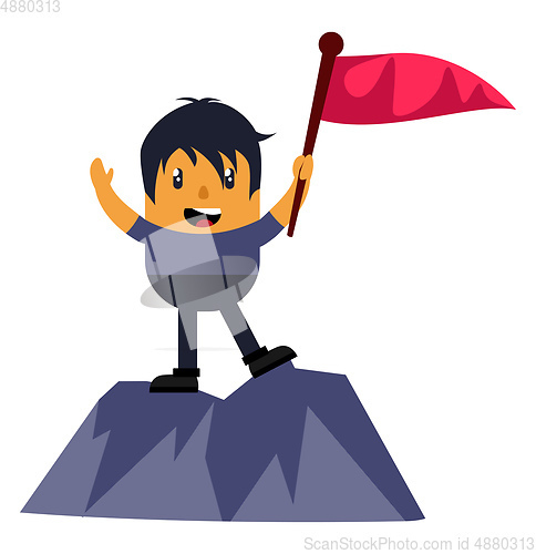 Image of Man on mountain with flag, illustration, vector on white backgro