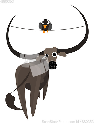 Image of Painting of a buffalo and a bird vector or color illustration