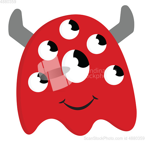 Image of Happy red monster with many eyes and grey horns vector illustrat
