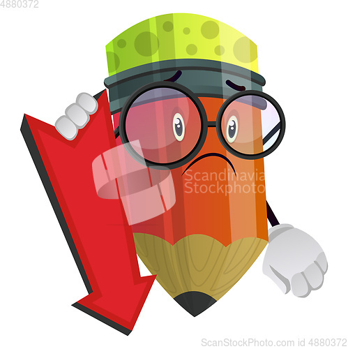 Image of Sad pencil holding red pointer pointing down illustration vector