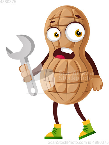 Image of Peanut with wrench, illustration, vector on white background.