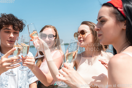 Image of Seasonal feast at beach resort. Group of friends celebrating, resting, having fun on the beach in sunny summer day