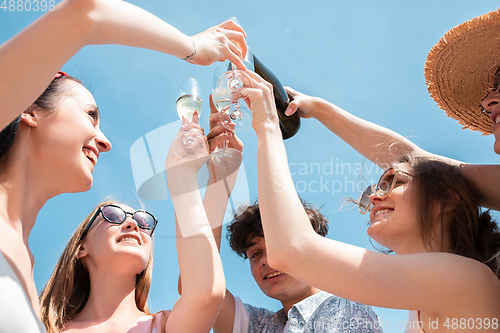 Image of Seasonal feast at beach resort. Group of friends celebrating, resting, having fun on the beach in sunny summer day