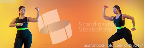 Image of Young caucasian plus size female model\'s training on gradient orange background