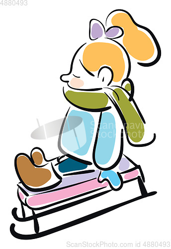 Image of Girl with green scarf and blue jacket on sled vector illustratio