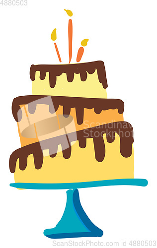 Image of A beautiful three-layered birthday cake dripped in chocolate mou