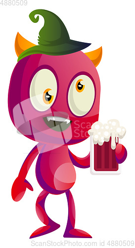 Image of Drunk devil with beer, illustration, vector on white background.